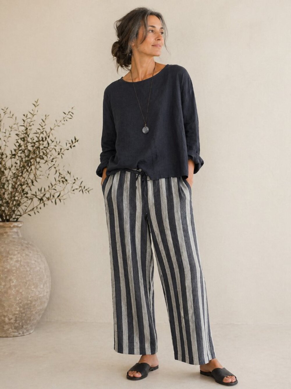 Old Navy Linen Blend Pants Drawstring Wide Leg w/ Pockets Navy & White Women XXL